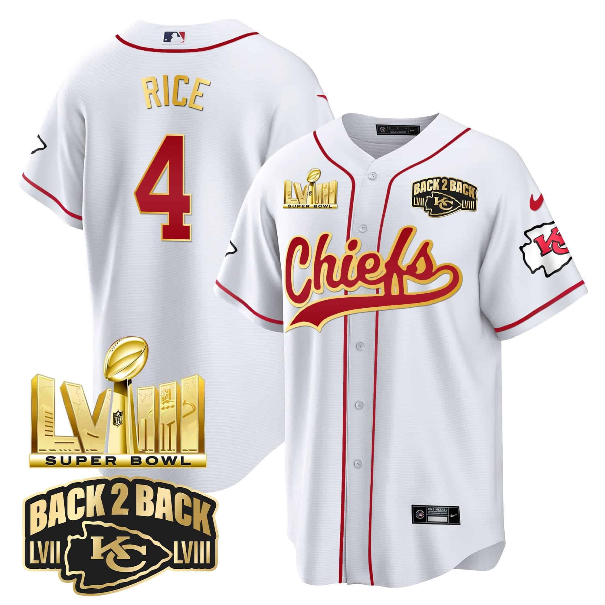 Men Kansas City Chiefs 4 Rice White 2024 Nike Super Bowl LVIII Back 2 Back Gold Patch Baseball NFL Jersey